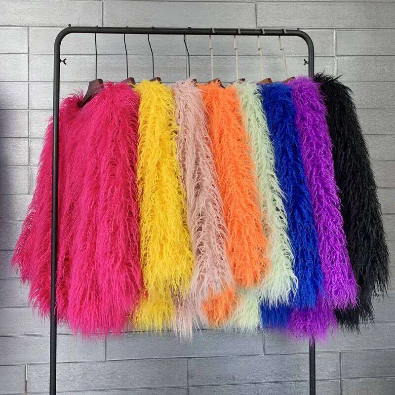 Solid color Wool Faux Women's Furry Pink/Purple Lamb Female Shaggy Sheepskin Coat Winter Artificial Fur Jacket