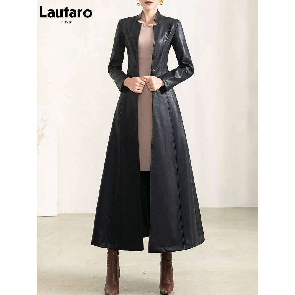 Lautaro Spring Autumn Black Soft Waterproof Faux Leather Coat Women Belt Long Sleeve Single Breasted Fashion 2022