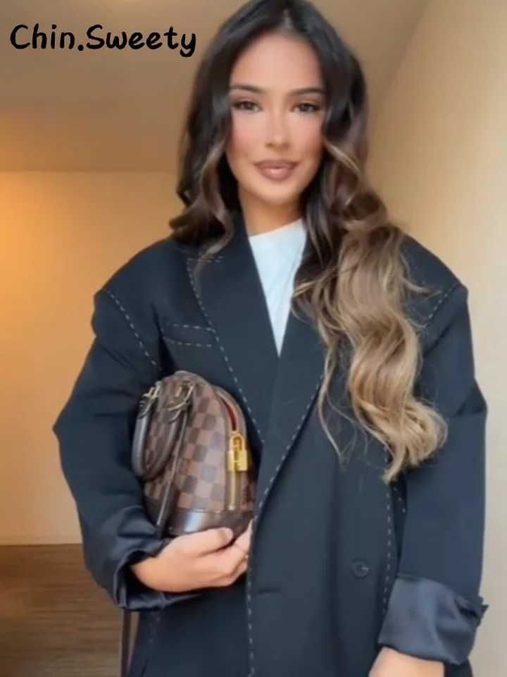 Casual Double Breasted Line Suit Pants Sets Women Lapel Full Sleeve Pocket Jacket Straight Trousers 2025 Autumn Winter Lady SetT251022