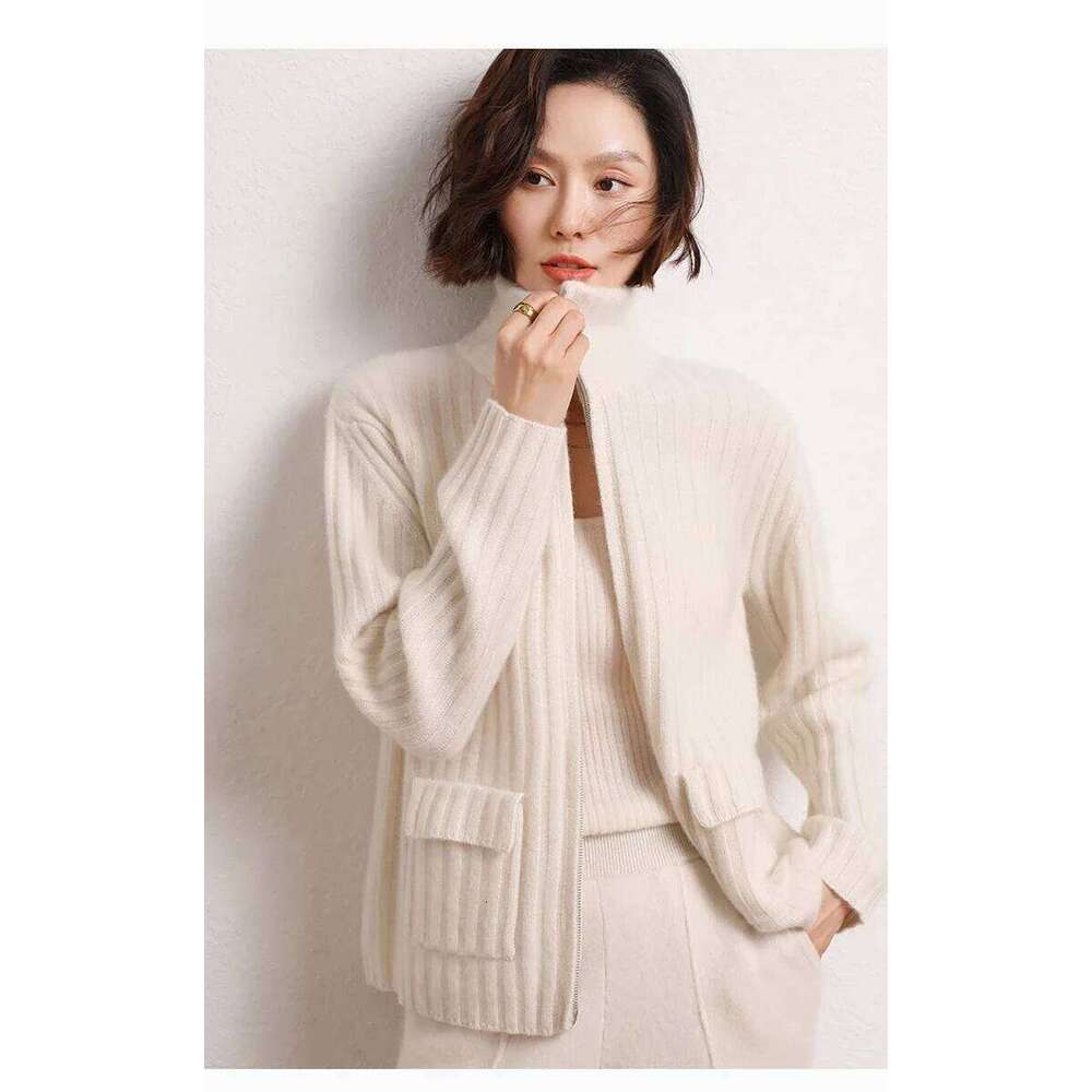 Women's Heavy Three-Strand Pit Pure Cashmere Cardigan Stand-Up Collar Zipper Knitted Sweater Ingenious Craftsmanship Loose Coat 251022