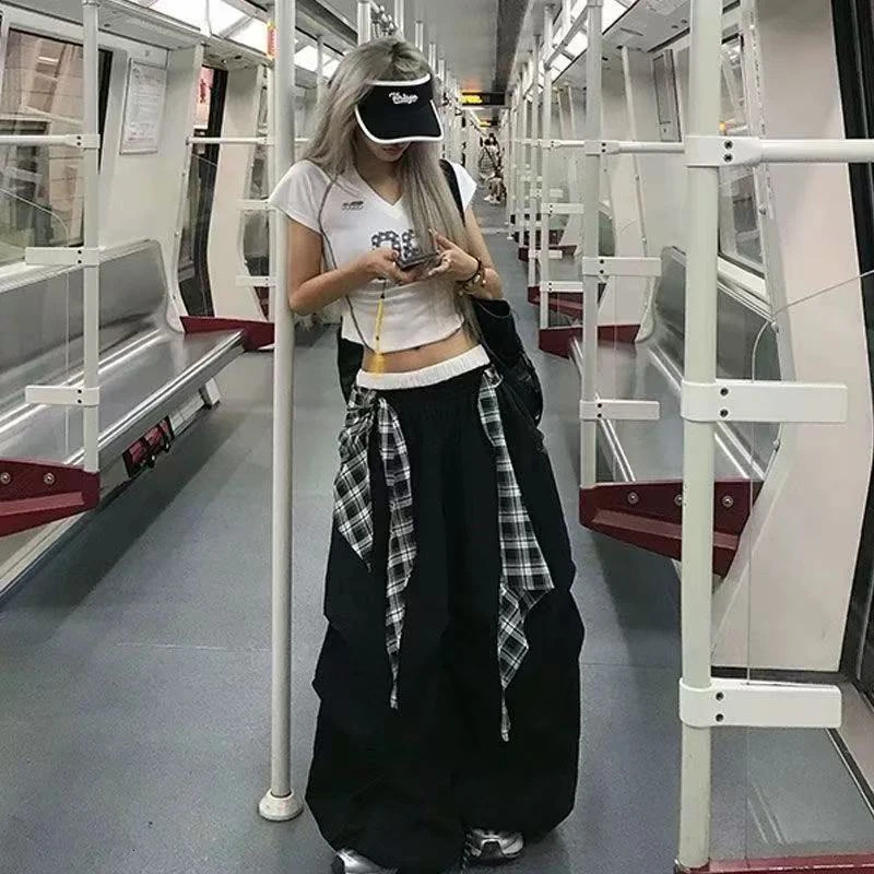 Y2K Streetwear Hip Hop Cargo Pants Women Summer High Waist Loose Plaid Patchwork Wide Leg Pants American Baggy Casual Trousers 251016