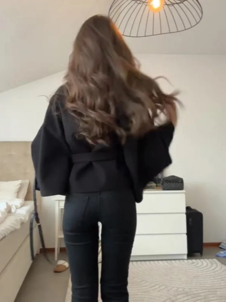 Elegant Stand Womens Coat Solid Long Sleeve Button Belted LaceUp Cardigan Jacket 2025 Autumn Winter Outerwear Female Tops 251016