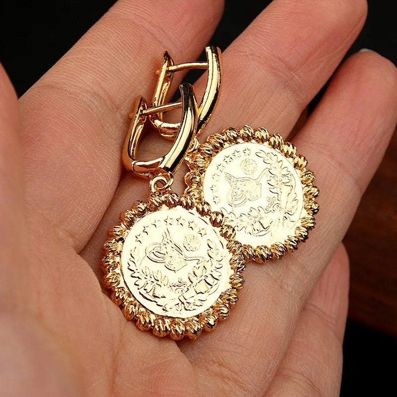 Turkish Coin Dangle Earrings Gold Plated Ehtnic Wedding Jewelry Round Drop Earrings Middle East Arabic Bridal Earring 251022 - view 5