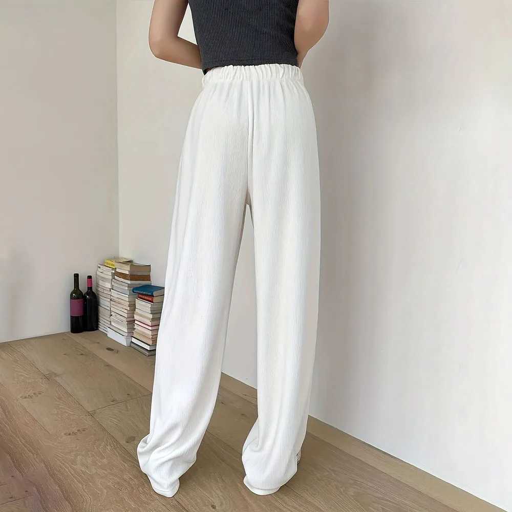 Fashion Womens Solid Color Long Pants Drawstring Design White Wide Leg Trousers Joggers Loose Fit Casual Streetwear PantT251022