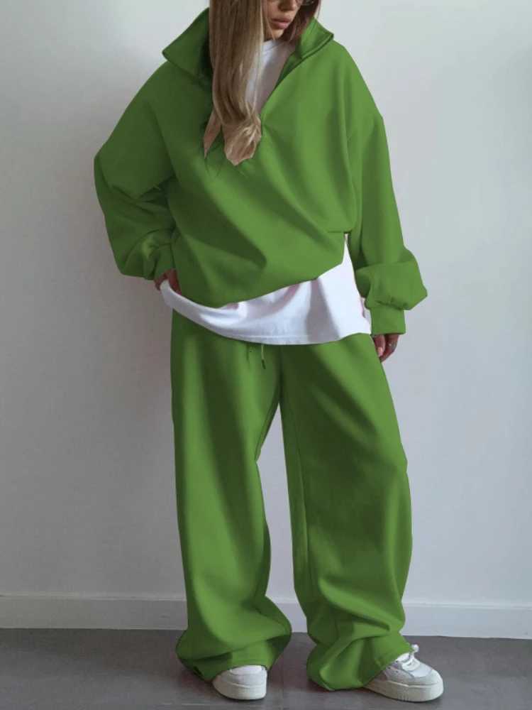 Oversize Pullover LaceUp Sweatpants TwoPiece Women Fashion HalfOpen Collar LongSleeved Sweater Trousers Casual Pant SuitT251022