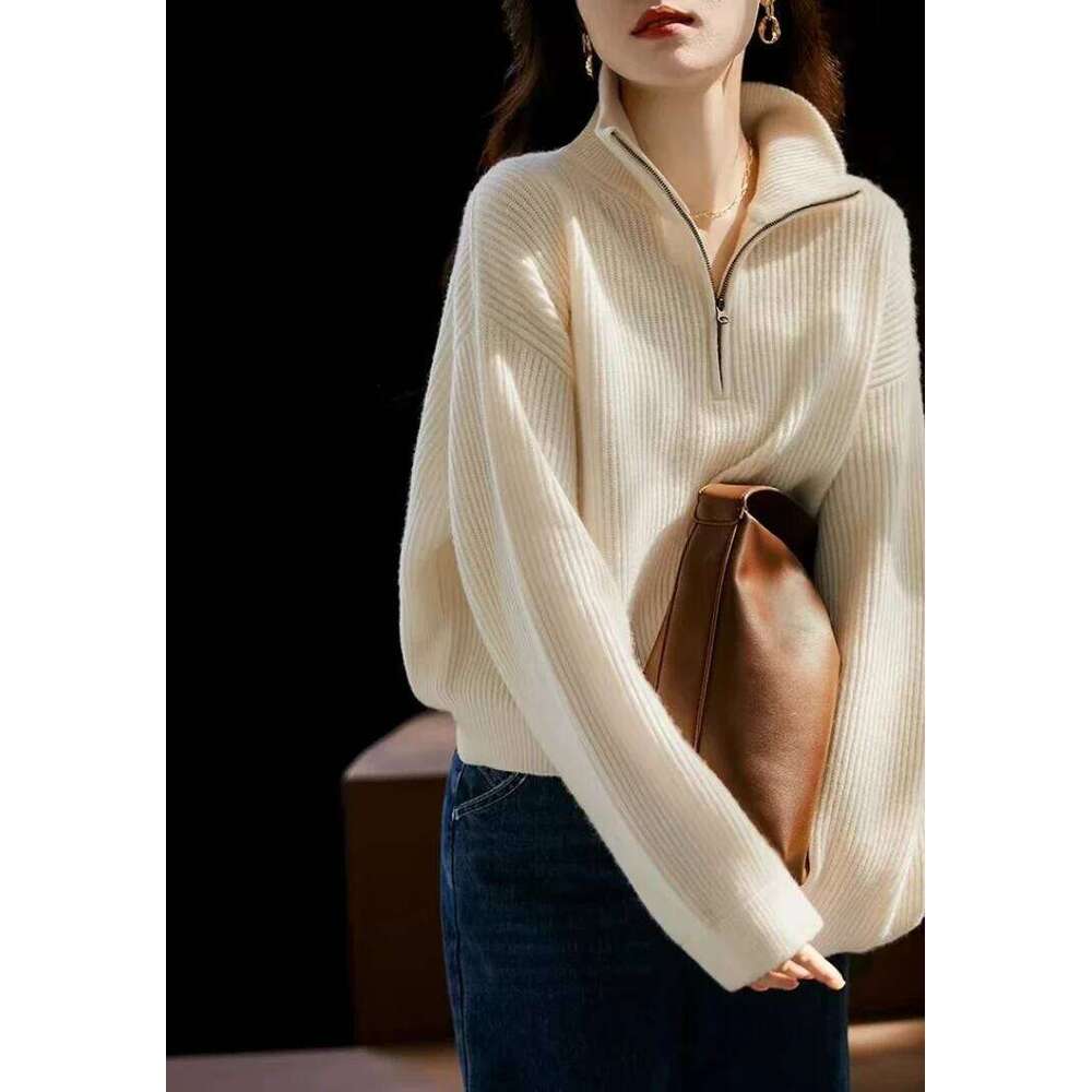 Women's Italian Craft 100% Pure Cashmere Half Zipper Stand Collar Thickened Loose Lapel Pullover Knitted Sweater 251022