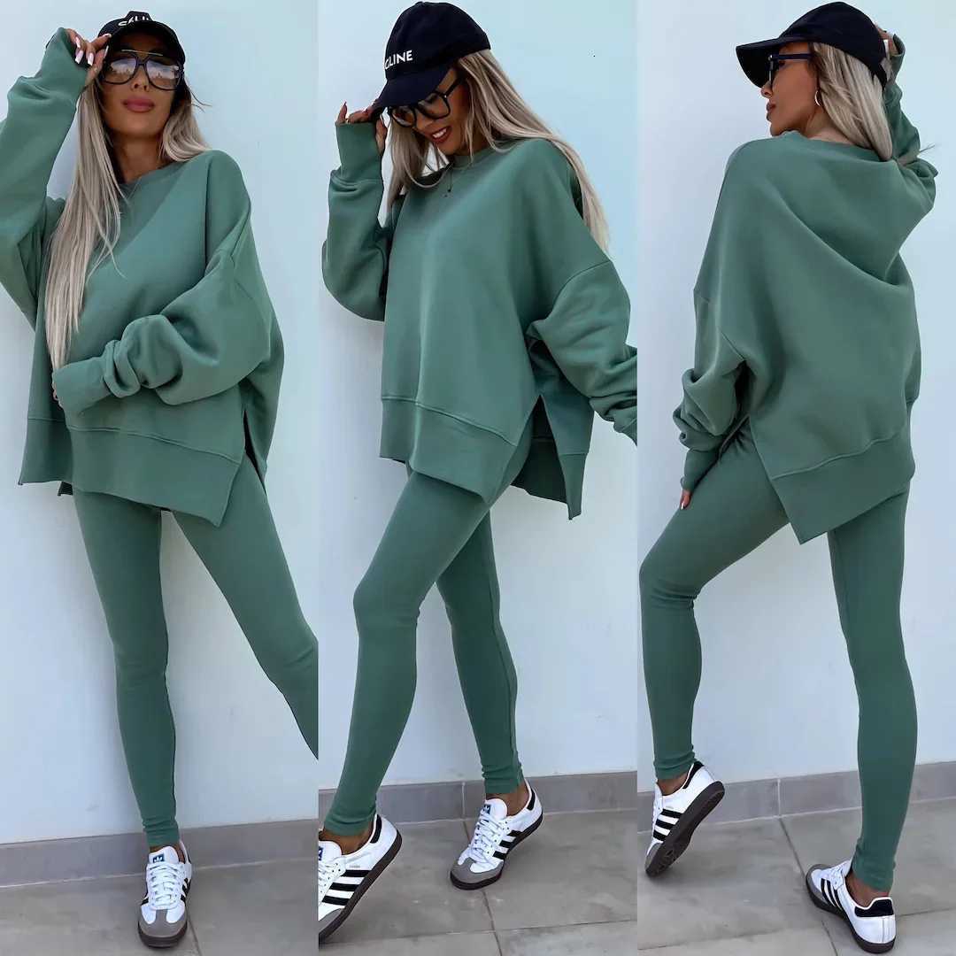 Women Pant Sets Two Pieces Tracksuit Solid Loose Sweatshirts Split Pullover Pencil Pants High Street Autumn Winter 2024T251022