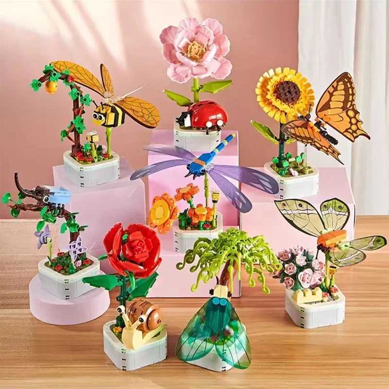 Insect Flower Building Blocks Creative Insect Succulent Bouquet Ornament Interior Decoration Children Adult DIY Assemble Toys J251022