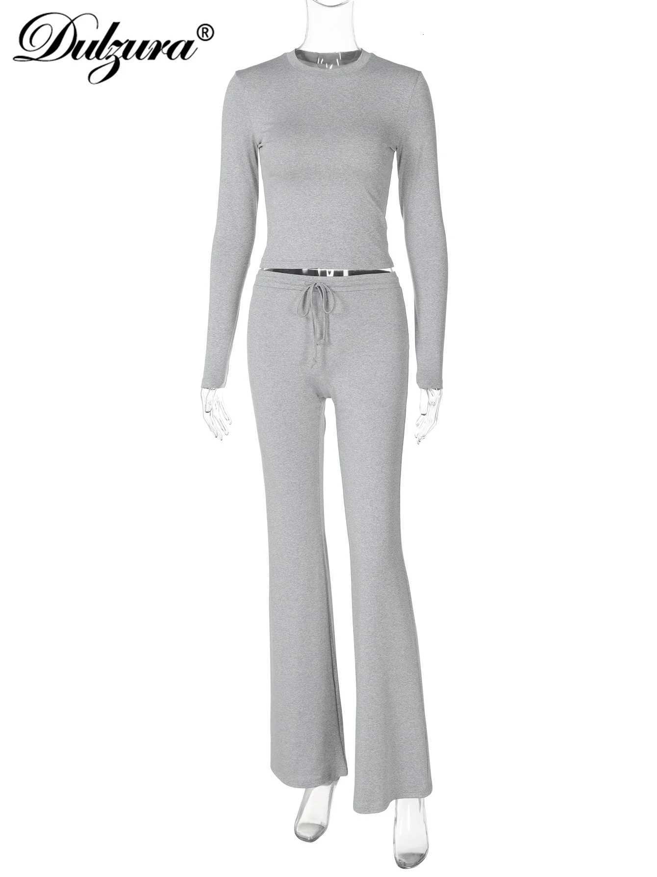 Dulzura WomenS Casual 2 Piece Pants Set Long Sleeves Bodycon Crop Top And Drawstring Flare Pants Matching Set Streetwear AutumnT251022