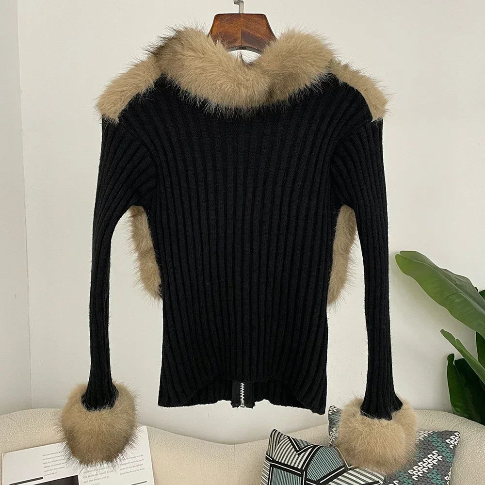 OFTBUY Knitwear Patchwork EcoFriendly Fur Sweater Women Long Sleeve Cuddly er Knitted Spring Faux Fur Sweater Cardigan 251016