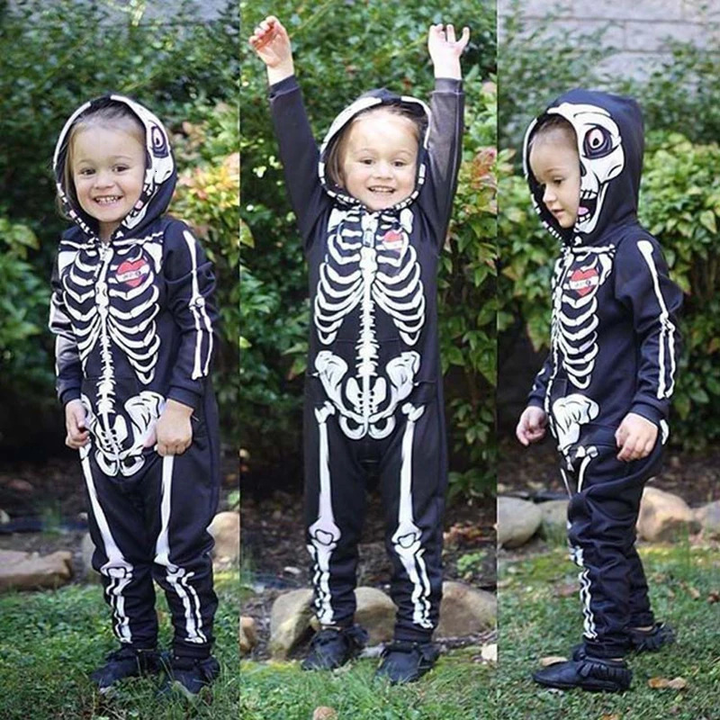 Baby Kids Halloween Clothing Skull Print Toddler Boys Girls Rompers Hooded Jumpsuit Bebe Trick Clothes Zipper Outfits 251022