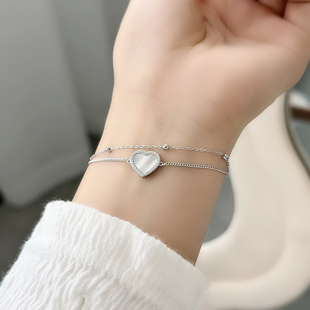 TaiYang New Mother-of Peal S925 Sterling Silver Heart Double-Layer Bracelet for Women Luxury High-End Minimalist Heart-Shaped Pearl Jewelry High quali