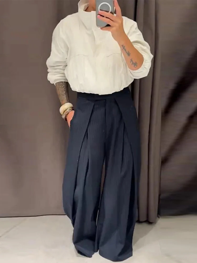 Casual Striped Loose Pants Women High Waist Pleated Straight Long Wide Leg Trousers Female 2025 Fashion Autumn Lady Bottoms 251022