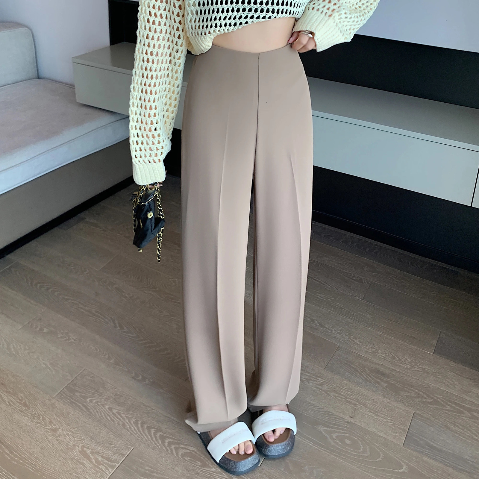 High Waist Khaki Suit Wide Leg Womens Full Pants Spring Summer Female Elegant Minimalism Straight Loose Trousers 251022