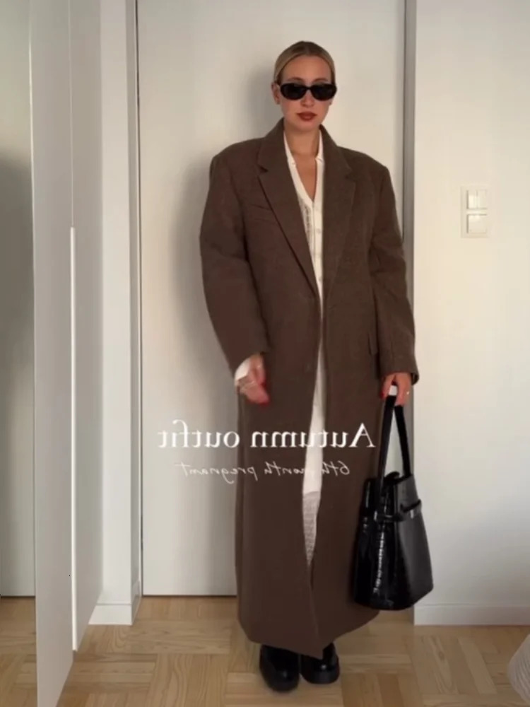 Fashion Women Shoulder Pad Lapel Wool Long Coats Elegant Belt Singlebreasted Sleeve Coat 2025 Autumn Lady Outwear 251016