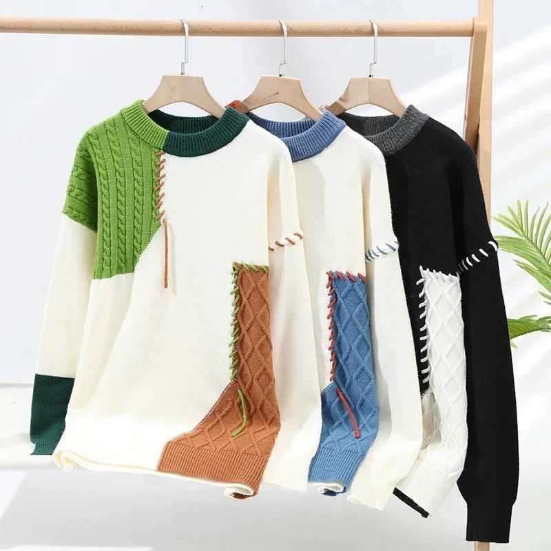 2025 New Male Patchwork Sweater Trend High Street Fashion Autumn and Winter Warm Mens Hiphop Street Clothing Men pullover shirtXJ251022