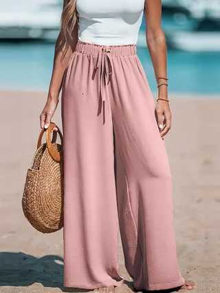 Womens Casual Wide Leg Pants All Season Comfort Pockets Elastic Waist Loose Fit Solid Color Pants Suitable for Outdoor and LeT251022