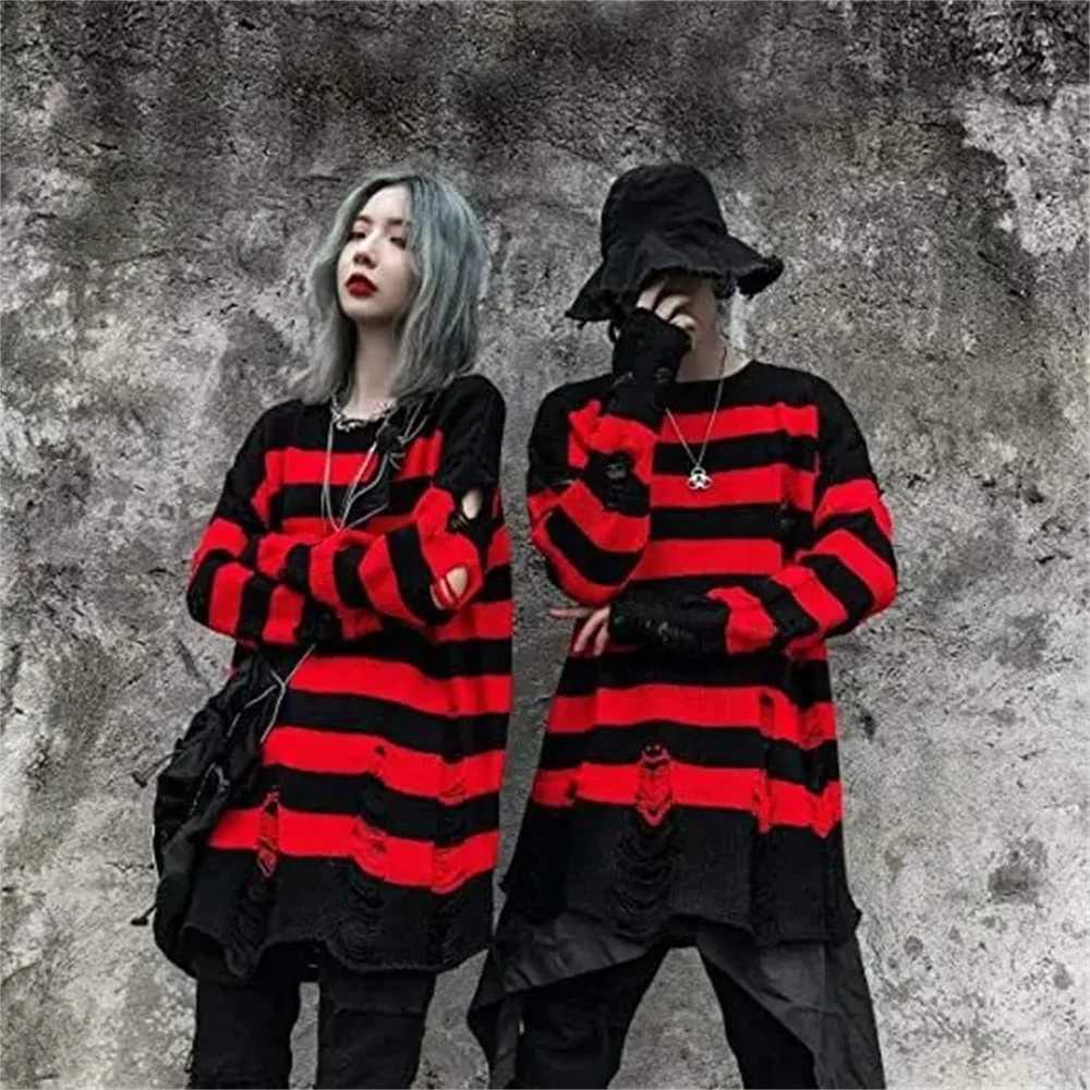 Autumn Winter Color Blocking Stripe Sweaters Destroyed Ripped Design Fashion Sweater Mens Pullover Knitwear Oversize StreetwearXJ251022