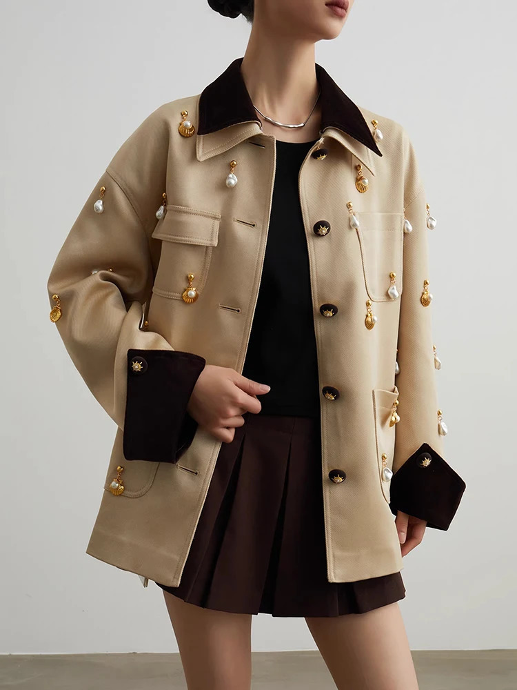 Elegant Women Pearl Embellished Jacket Long Sleeve Button Down Pocket Coat Contrast Collar Vintage Style Outerwear for Ladies251022