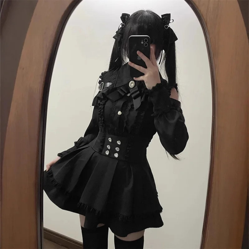 Sweet Gothic Lolita Two Piece Set Off Shoulder Blouse High Waist Skirt Kawaii Tricolor Lace Coord Outfit for Women Teens 251016