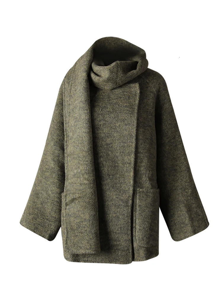 DEAT Fashion Green Scarf Double Side Woolen Coat Womens Loose Covered Button Long Sleeves Blends Coats Autumn 251020