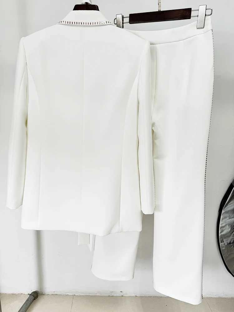 HIGH STREET Newest Fashion 2024 Designer Suit Set Womens Beading Belted Single Button Blazer Pants Set 2pcsT251022