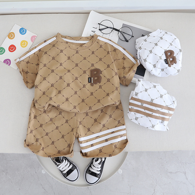 Free Shipping luxury kids clothing 2024 Kids Summer Set - 2-Piece Color Block T-Shirt Outfit, Letter Print Playwear for Boys & Girls