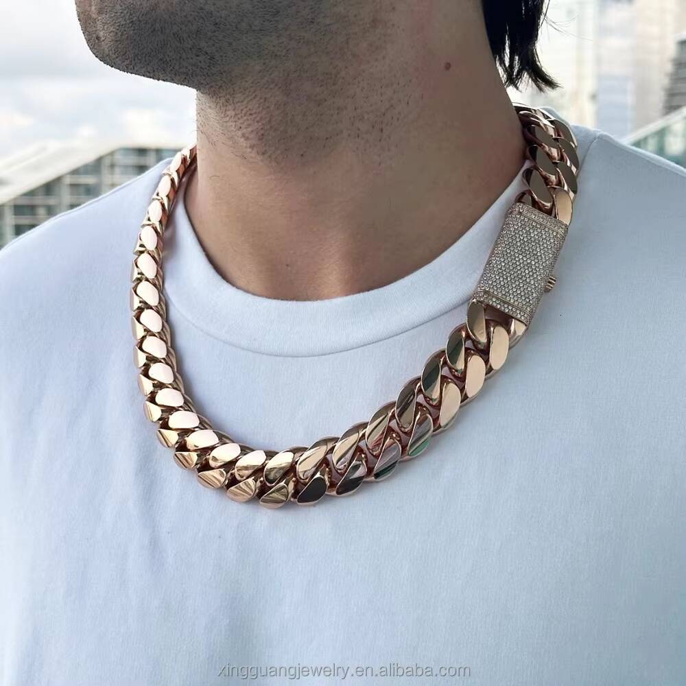 Customized Trend Rose Gold Plated 24MM Wide Miami Cuban Lidynamic Chain Solid Silver Men Chain Moissanite Lock Cuban Chain Necklace Jewelry