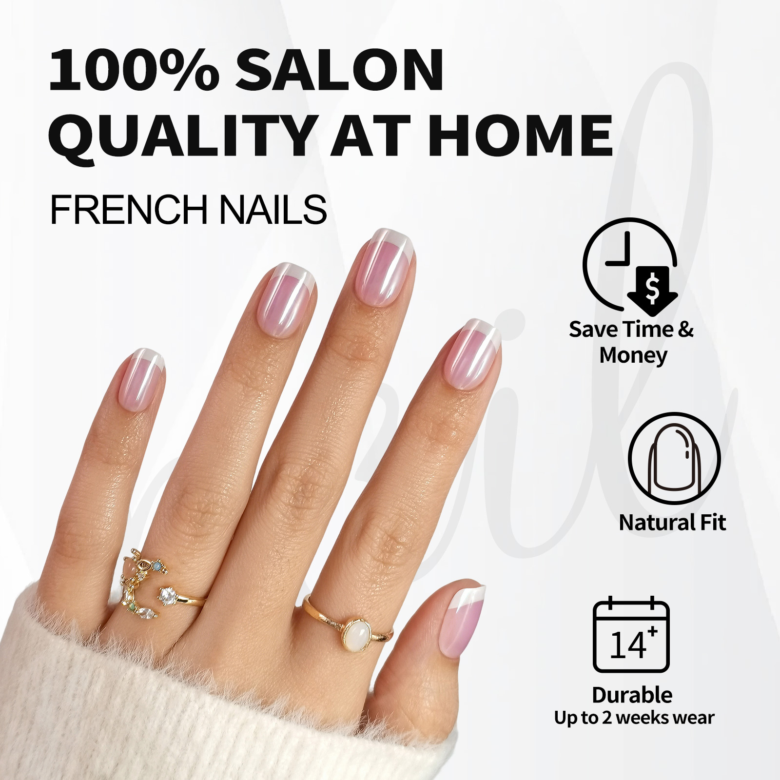 32Pcs False Nails Short Coffin Art Artificial with French Design Wearable Fake Nails Full Cover Press on Nail Tips Aurora French