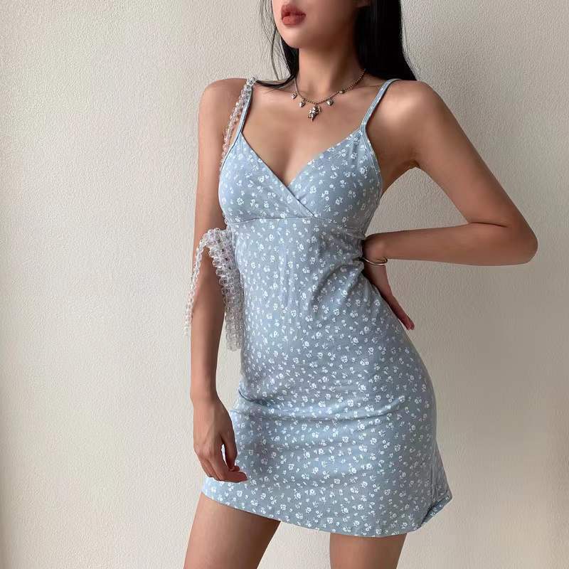 D18200 European and American pure retro print v-neck suspender dress female summer 2025 new