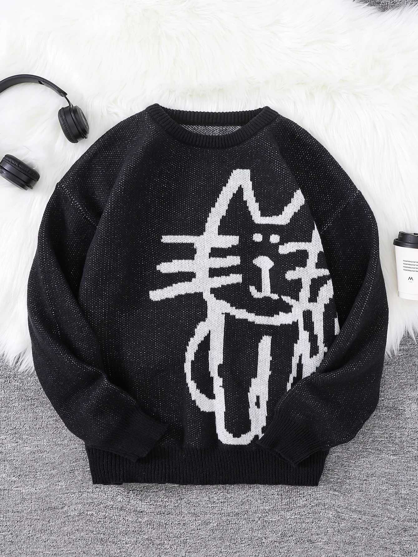 Autumn and Winter Abstract Kitten Jacquard Pattern Pullover Sweater Casual Round Neck Knitted Mens PulloverXJ251022