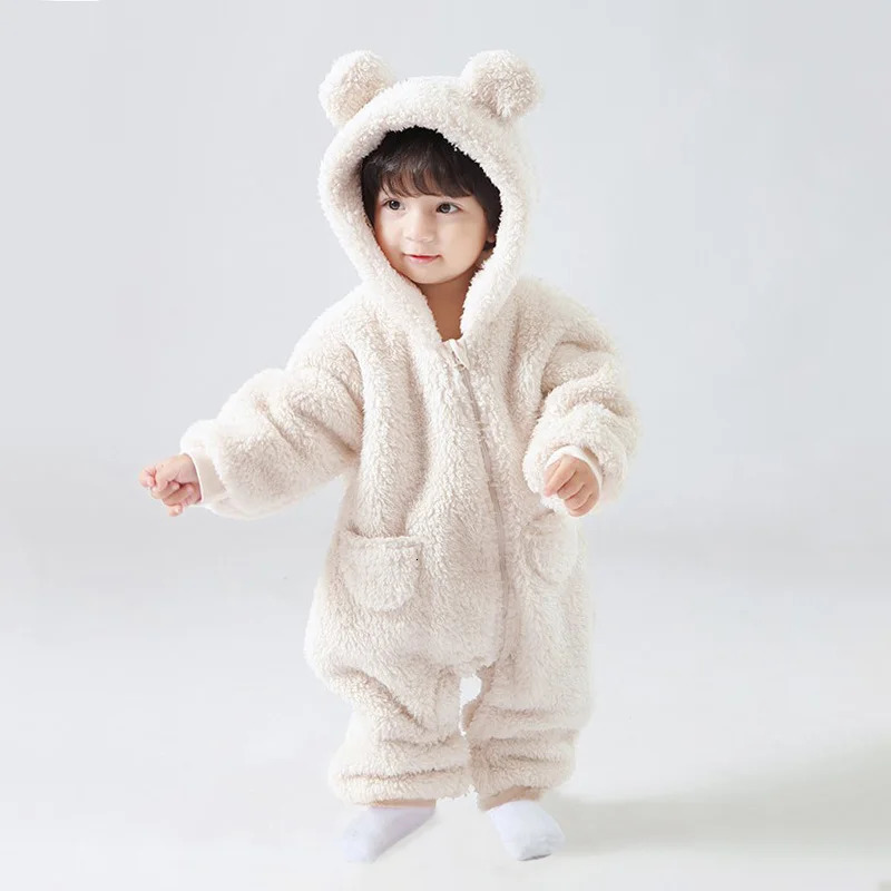 Warm Fleece Hooded Jumpsuits for Baby Autumn Winter Long Sleeve Infant Rompers born Boy Girl Homewear Pajamas 251022