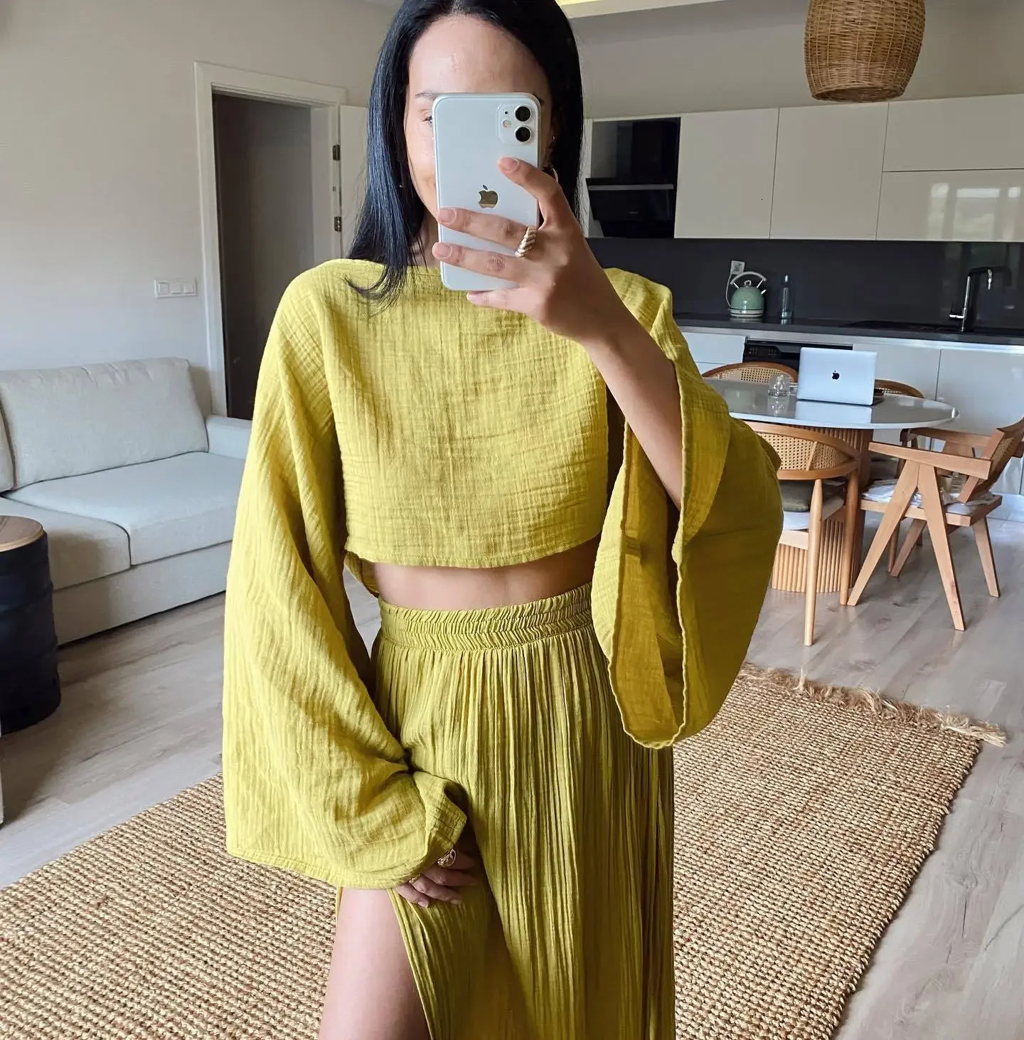 2025 Casual Solid Skirt Sets Vacation Blended Short Top High Waist Chic Slit Two Piece Outifits 251016