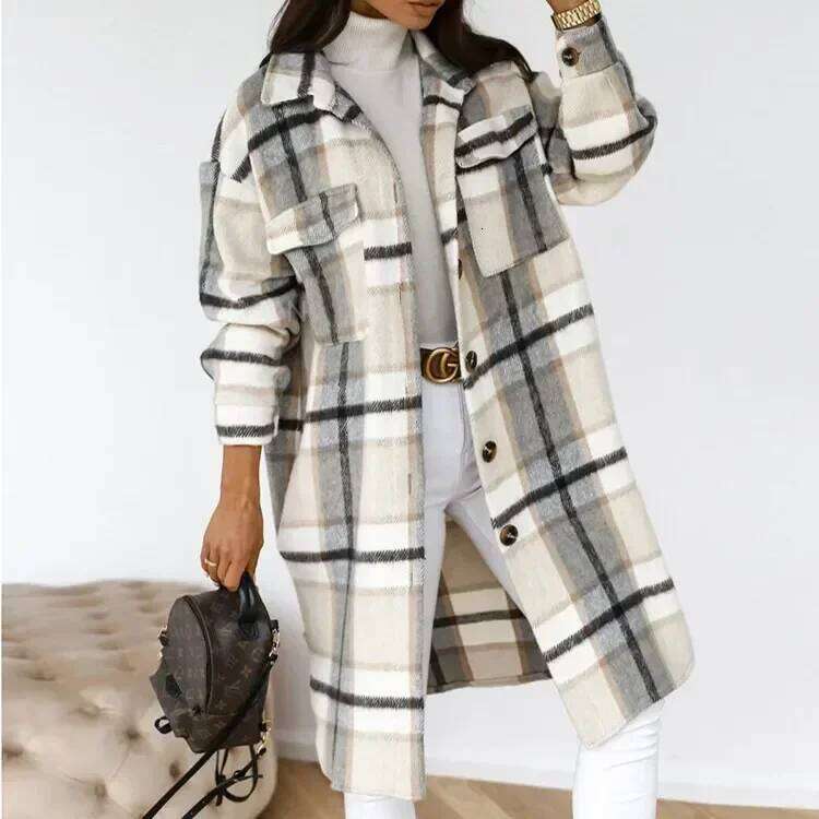 Single Breasted Trench Fashion Autumn Winter Women's Clothing Long Sleeve Woolen Plaid Overcoat Coat