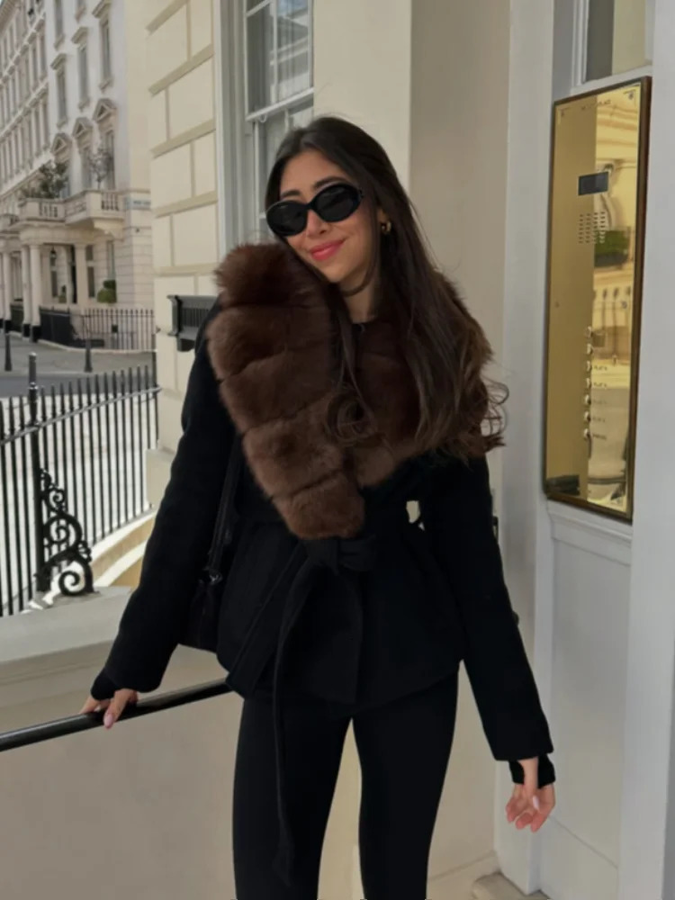 Elegant Shawl Faux Fur Women Coat Lace Up Full Sleeve Belted Waist Lapel Woolen Female Jacket Autumn Winter Lady Outwears 251021