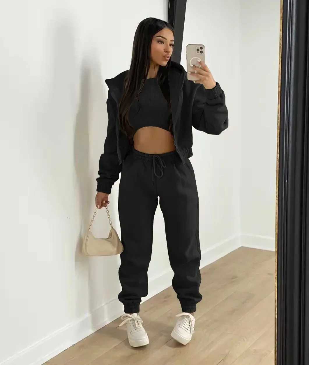 3pcs Womens Clothing Set Fleecelined Hooded Sweater Sleeveless Tank Top Sports Sweatpants PantsT251022