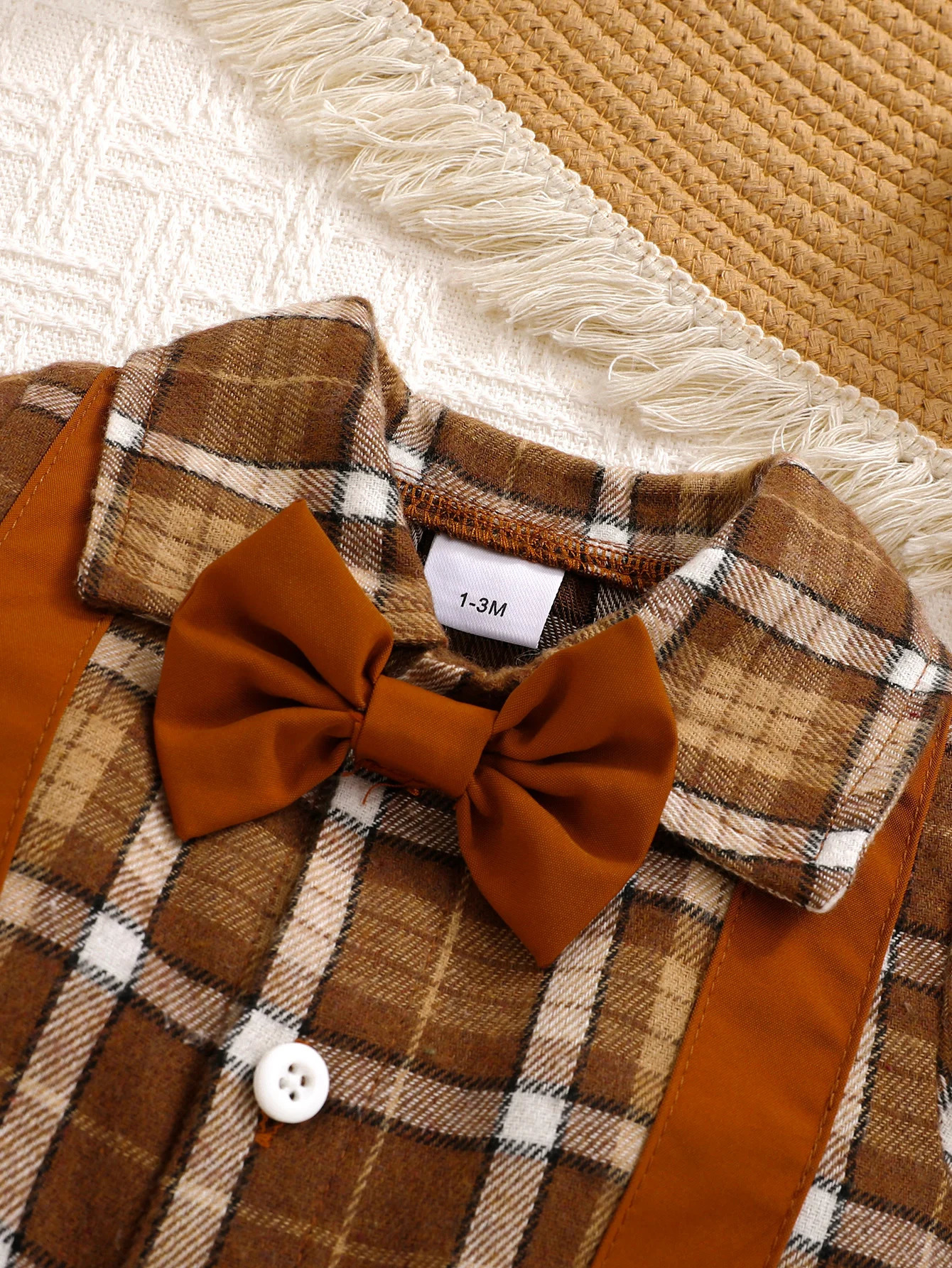 Cute Baby Boy Plaid Print Jumpsuit with Bow Tie Checkered Beret 251022