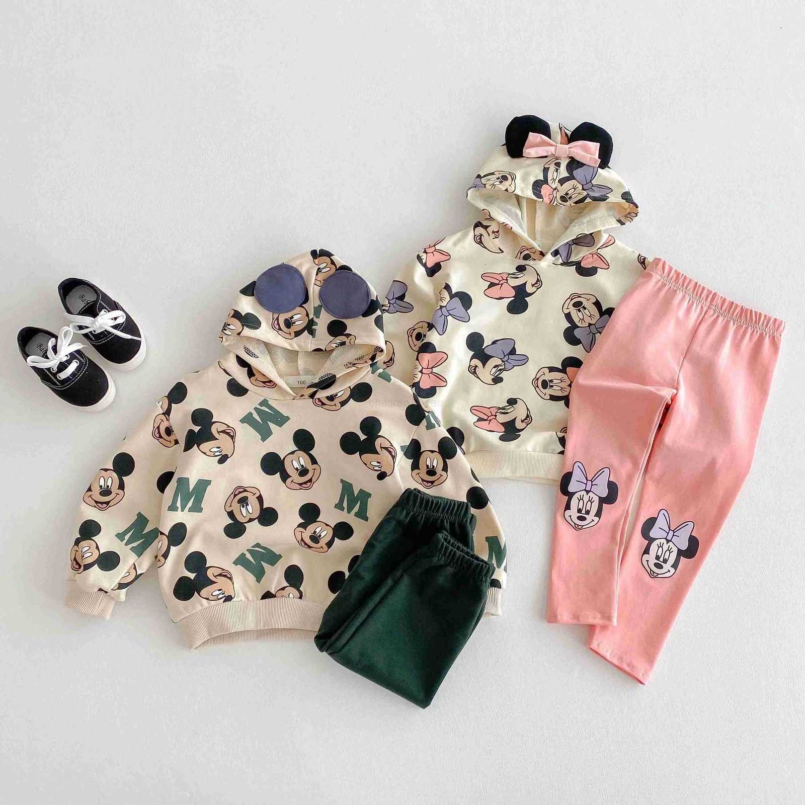 Disney Mickey Minnie Hoodies Set 2024 New Autumn Fashion Tracksuits Loose Casual Hooded Sweatshirt Pants Girl Boy 2 Piece Set Clothes H251022
