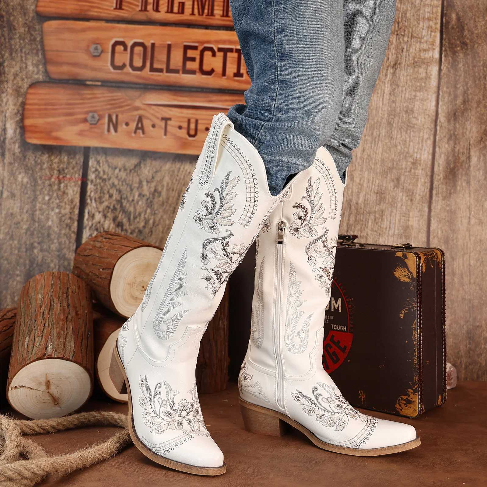 Cowboy Boots for Women Wide Calf Knee High Western Cowgirl Boots Sparkly Rhinestone Retro Country Boots in White Z251020