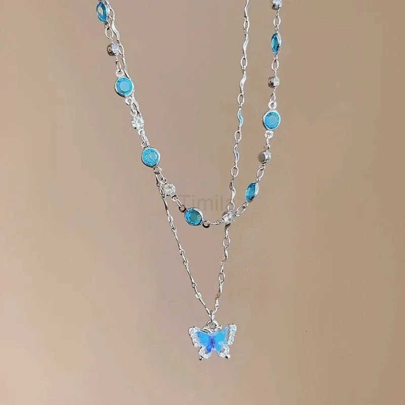 LATS Romantic Blue Crystal Butterfly Necklace for Women Girls Simple Shiny Zircon Bilayer Choker Clavicle Chain New Fine Jewelry U251022