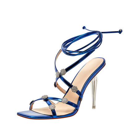 Chengdu Craftsmanship Rhinestone Stiletto Sandals 10.5cm Heel Open Toe Lace Up Evening Shoes Blue Gold