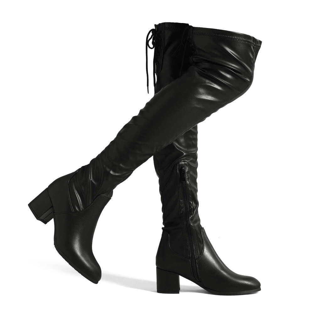 Chic Black Over-The-Knee Boots For Women - Stretchy, Chunky Heel With Side Zipper & Drawstring Closure, Warm Faux Fur Lining