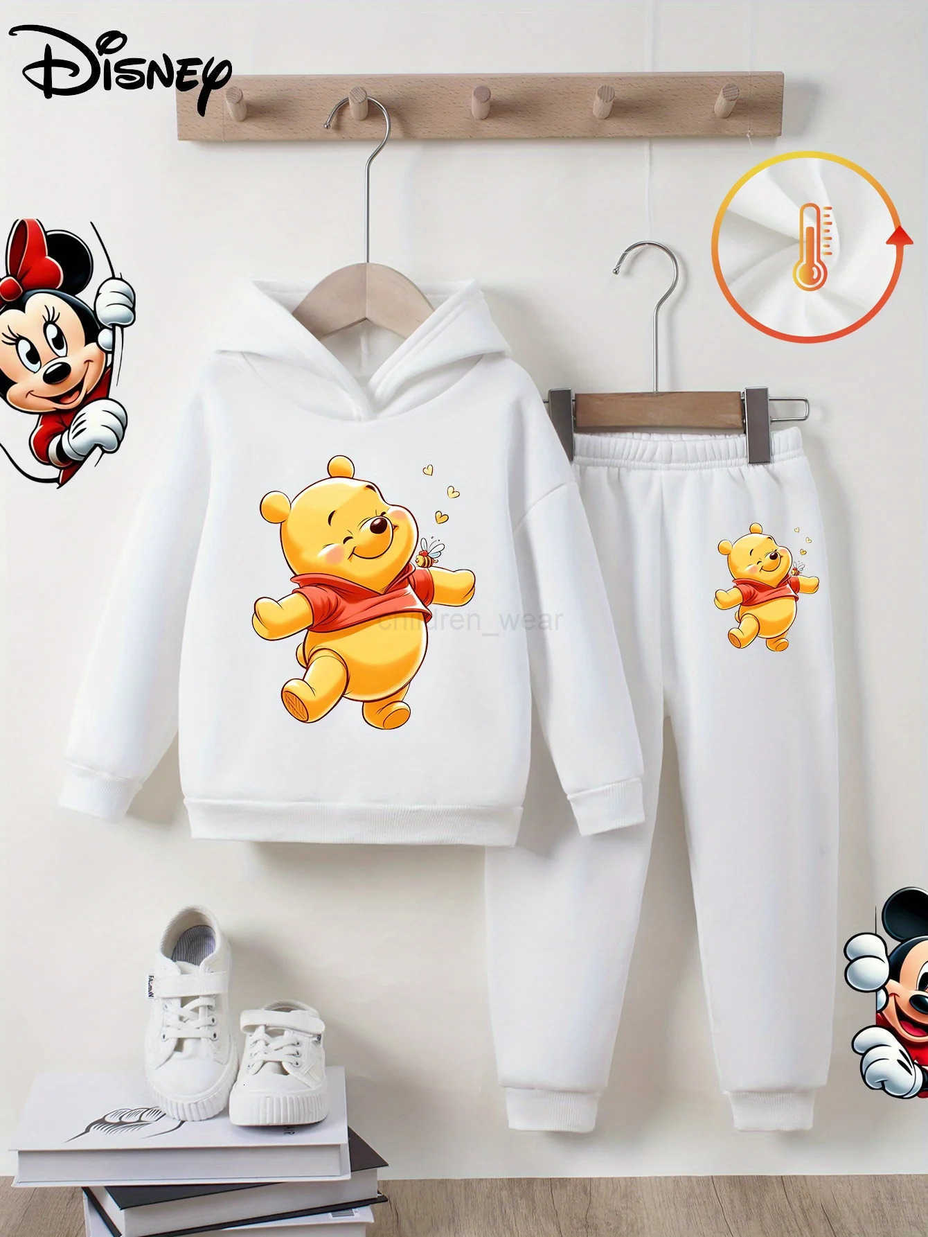 Disney girls twopiece longsleeved pants suit with cute Winnie the Pooh print new autumn and winter hooded fleece sweatshirt H251022