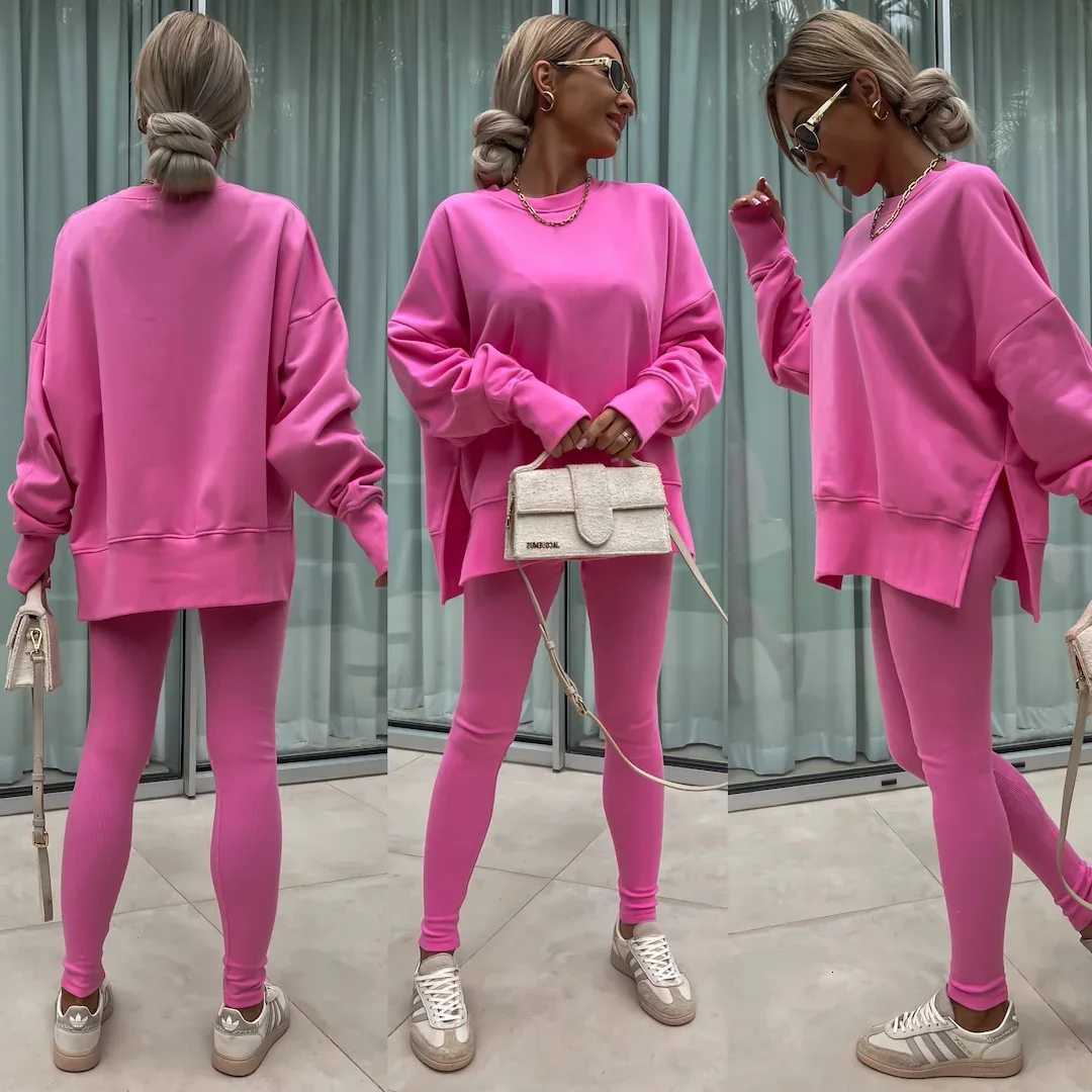 Women Pant Sets Two Pieces Tracksuit Solid Loose Sweatshirts Split Pullover Pencil Pants High Street Autumn Winter 2024T251022