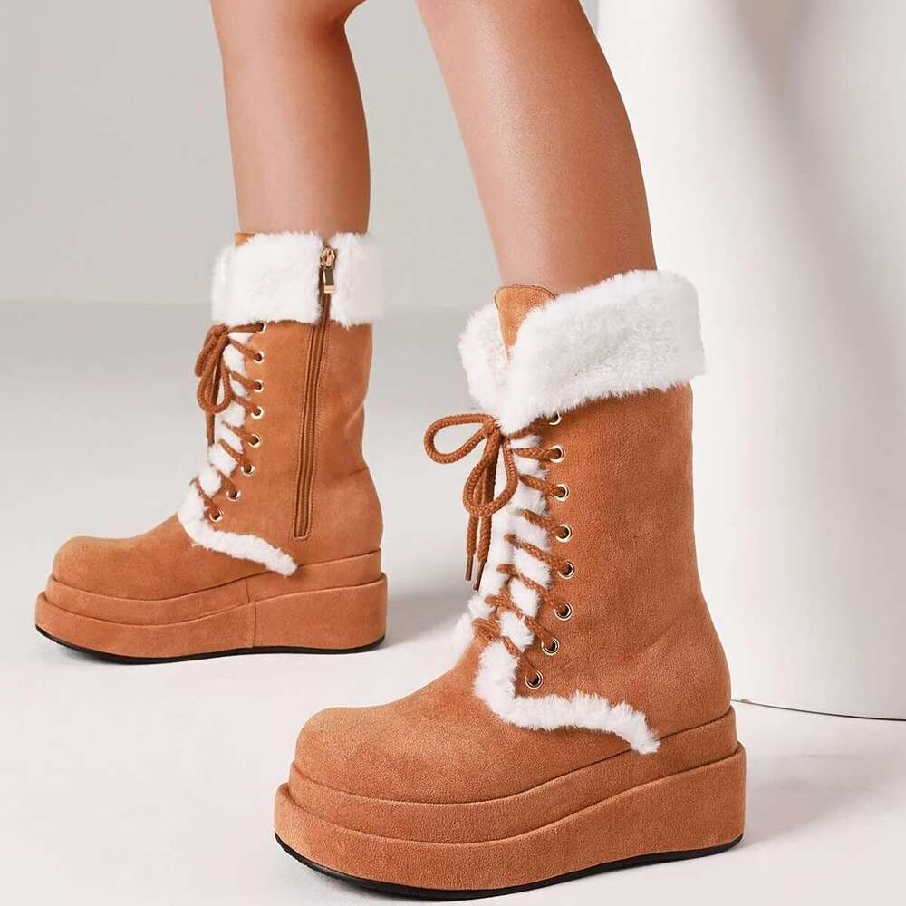 Fluffy Women Snow Double Platform Chunky Heels Lace Up Mid Calf Shoes Faux Furry Warm Punk Goth Christmas Boots