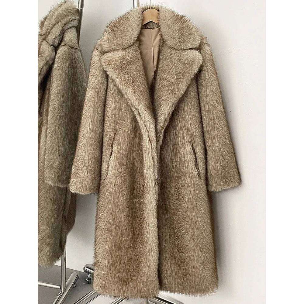 Mueyeruho 2025 Winter Faux Fur Jacket Solid Khaki Long Sleeve Thick Warm Overcoat Outwear Fluffy Coat For Women