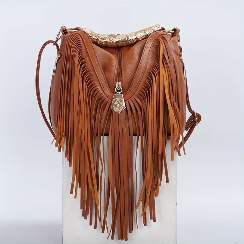 Leisure Trendy Western Style Shoulder Bag, Solid Color Tassel Decor Crossbody Bag For Women