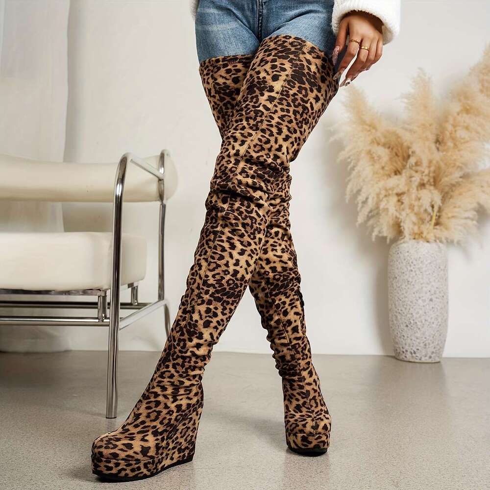 Women's Wild Leopard Over-The-Knee OTK With 10Cm Platform 50Cm High-Calf Design Warm Round Toe Zipper Closure, PU Sole Fabric Upper Stylish Winte