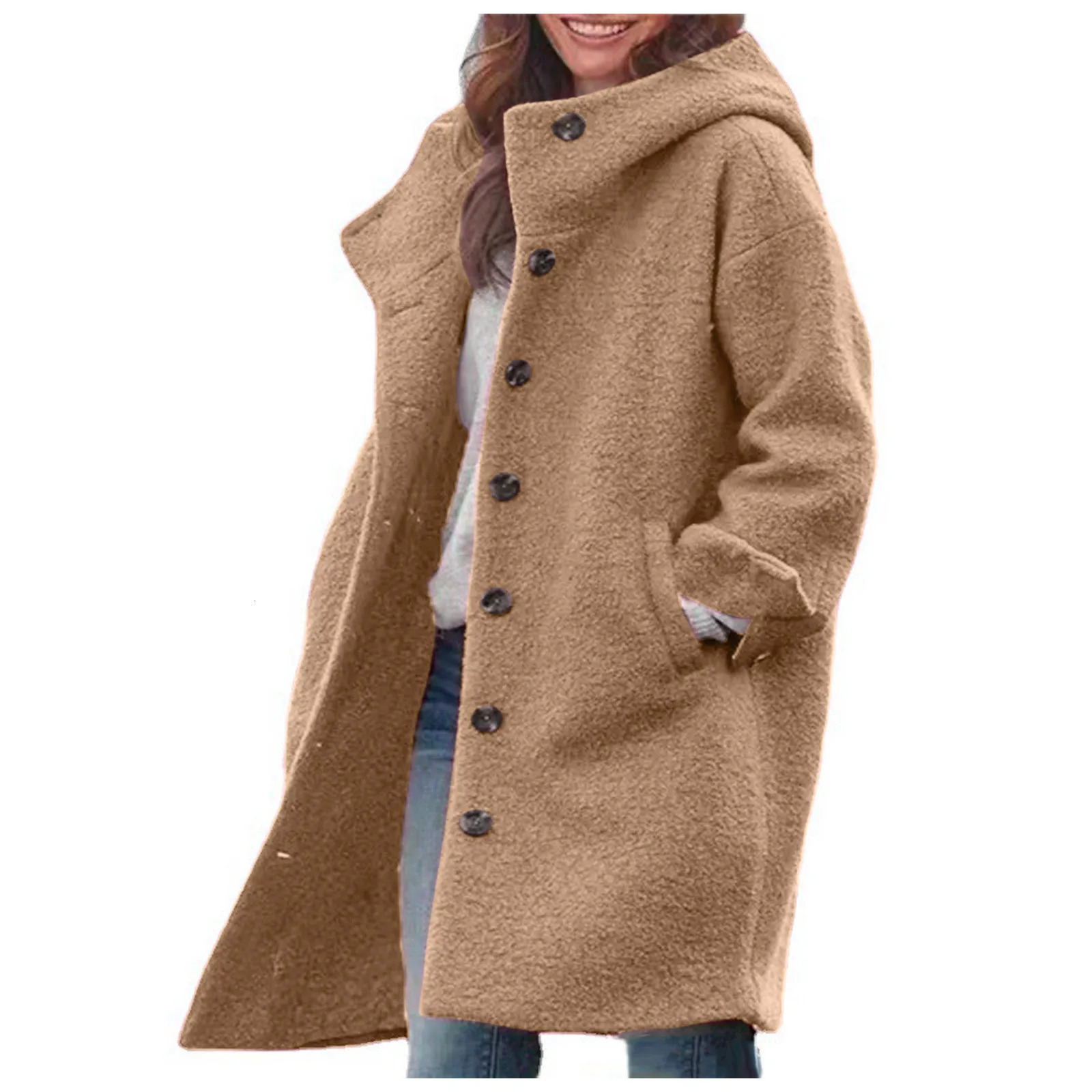 Women Thick Wool Winter Jackets Solid Color Long Sleeved Warm Single Breast Hooded Woolen Coat Casual Trench Coat For Women 251020