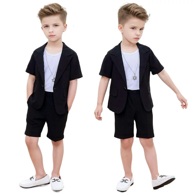 Childrenssummer Short Sleeve 2pcs Suit Set Boys Birthday Party Performance Pography Costume Kids Blazer Shorts Outft 251021